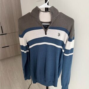 U.S. Polo Assn. Blue, Gray and Cream Zip-Neck Striped Sweater
